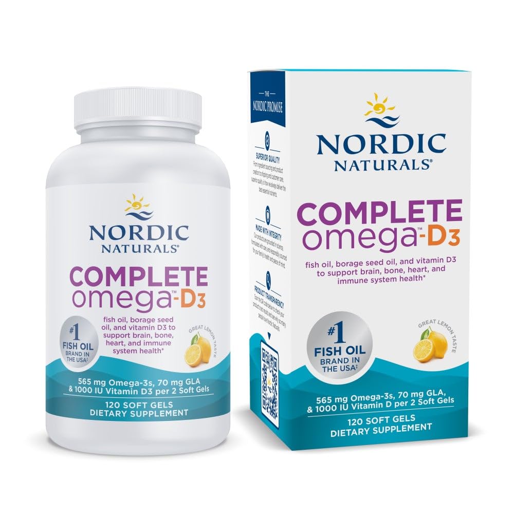 Nordic Naturals Complete Omega-D3, Lemon Flavor - 120 Soft Gels - 565 mg Omega-3 + 70 mg GLA + 1000 IU Vitamin D3 - EPA & DHA - Healthy Skin, Cognition, Positive Mood - Non-GMO - 60 Servings - dailyvitalstore