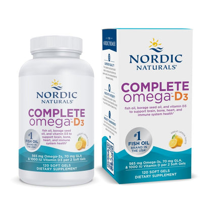 Nordic Naturals Complete Omega-D3, Lemon Flavor - 120 Soft Gels - 565 mg Omega-3 + 70 mg GLA + 1000 IU Vitamin D3 - EPA & DHA - Healthy Skin, Cognition, Positive Mood - Non-GMO - 60 Servings - dailyvitalstore
