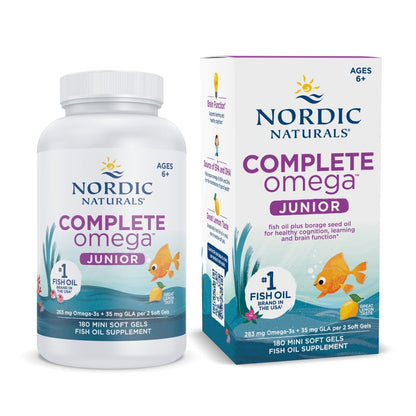 Nordic Naturals Complete Omega Jr., Lemon - 180 Mini Soft Gels - 283 mg Total Omega-3s & 35 mg GLA - Healthy Cognition, Nervous System Function - Non-GMO - 90 Servings - dailyvitalstore