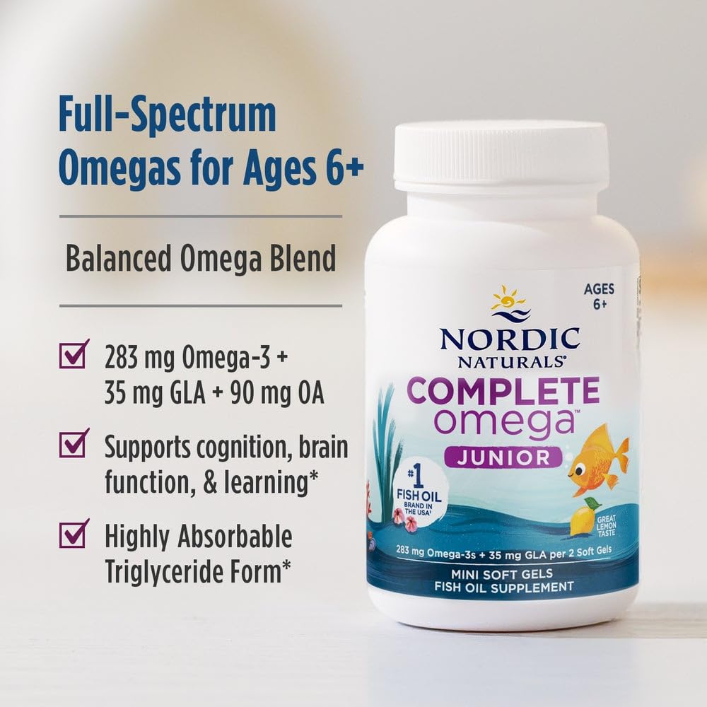 Nordic Naturals Complete Omega Jr., Lemon - 180 Mini Soft Gels - 283 mg Total Omega-3s & 35 mg GLA - Healthy Cognition, Nervous System Function - Non-GMO - 90 Servings - dailyvitalstore