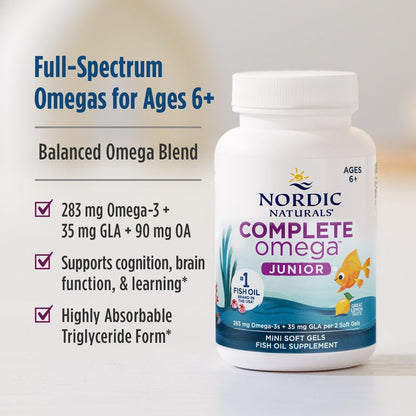 Nordic Naturals Complete Omega Jr., Lemon - 180 Mini Soft Gels - 283 mg Total Omega-3s & 35 mg GLA - Healthy Cognition, Nervous System Function - Non-GMO - 90 Servings - dailyvitalstore