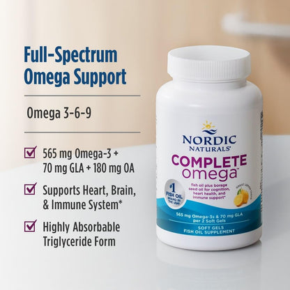 Nordic Naturals Complete Omega, Lemon Flavor - 120 Soft Gels - 565 mg Omega-3 - EPA & DHA with Added GLA - Healthy Skin, Cognition, Positive Mood - Non-GMO - 60 Servings - dailyvitalstore