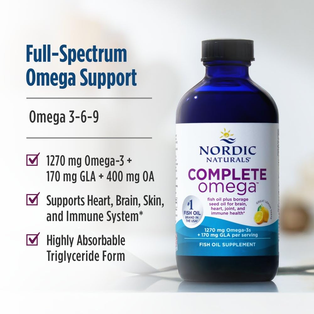 Nordic Naturals Complete Omega, Lemon Flavor - 8 oz - 1270 mg Omega-3 - EPA & DHA with Added GLA - Healthy Skin, Cognition, Positive Mood - Non-GMO - 48 Servings - dailyvitalstore