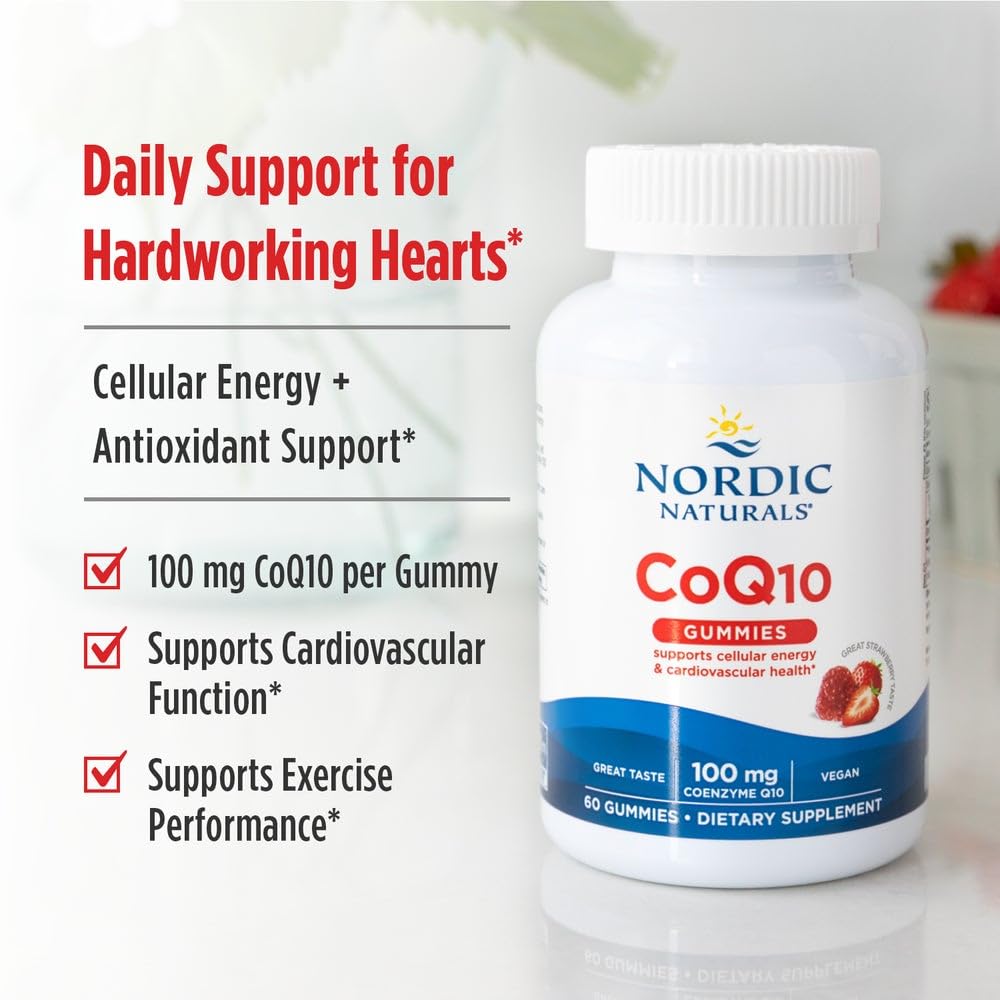 Nordic Naturals CoQ10 Gummies, Strawberry - 60 Gummies - 100 mg Coenzyme Q10 (CoQ10) - Great Taste - Heart Health, Cellular Energy Production, Antioxidant Support - Non-GMO, Vegan - 60 Servings - dailyvitalstore