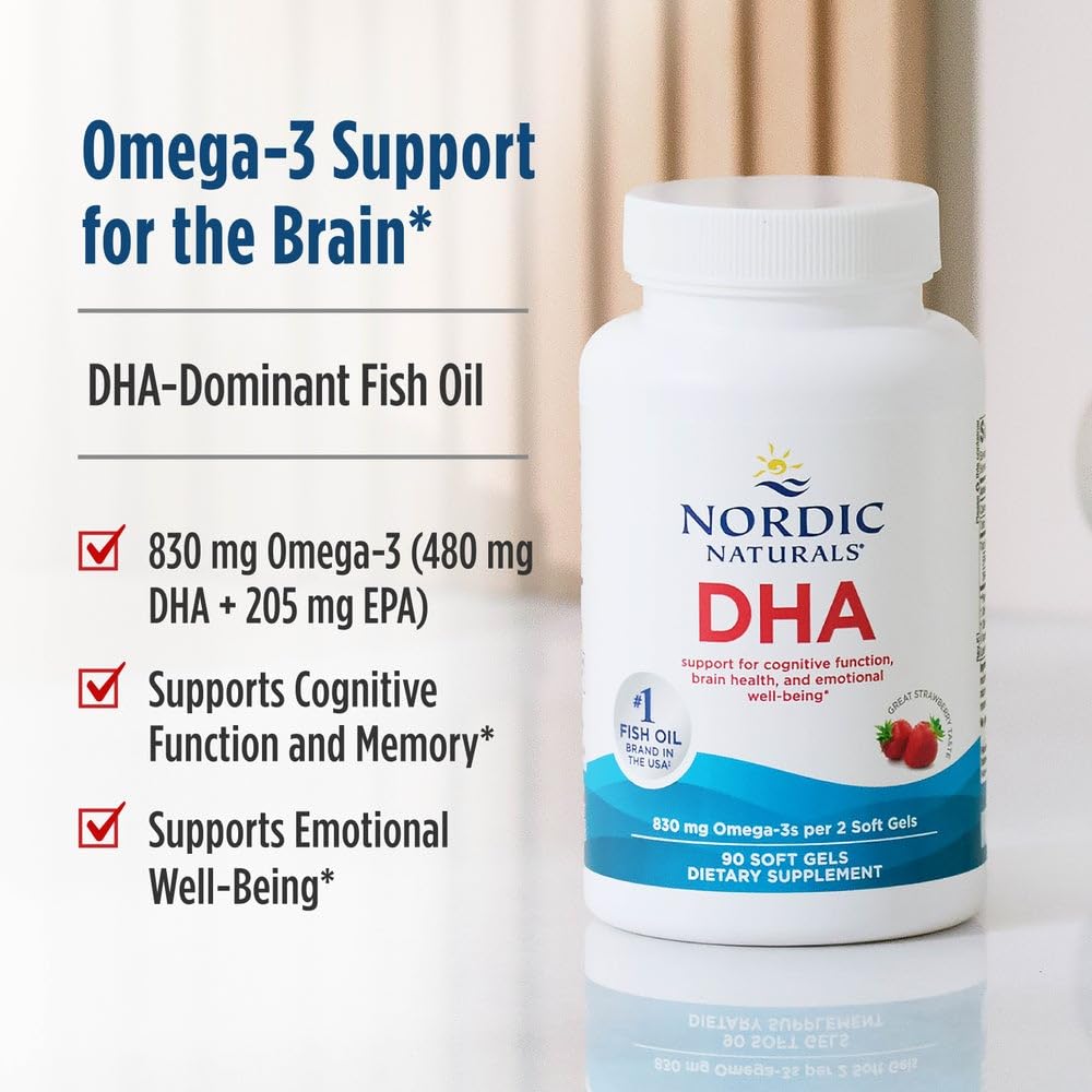 Nordic Naturals DHA, Strawberry - 90 Soft Gels - 830 mg Omega-3 - High-Intensity DHA Formula for Brain & Nervous System Support - Non-GMO - 45 Servings - dailyvitalstore