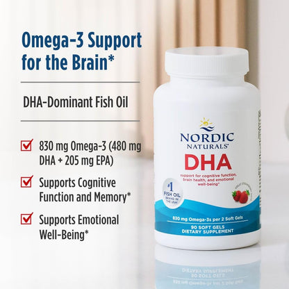 Nordic Naturals DHA, Strawberry - 90 Soft Gels - 830 mg Omega-3 - High-Intensity DHA Formula for Brain & Nervous System Support - Non-GMO - 45 Servings - dailyvitalstore
