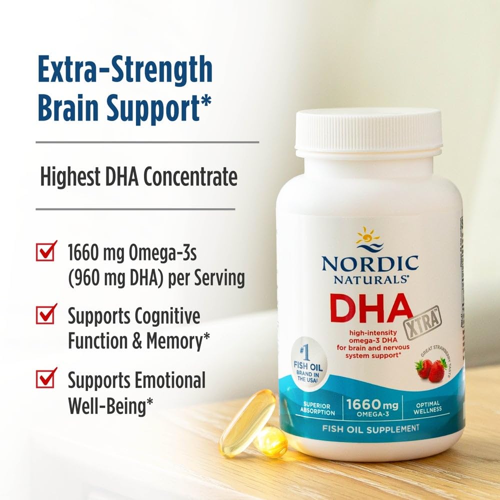 Nordic Naturals DHA Xtra, Strawberry - 60 Soft Gels - 1660 mg Omega-3 - High-Intensity DHA Formula for Brain & Nervous System Support - Non-GMO - 30 Servings - dailyvitalstore
