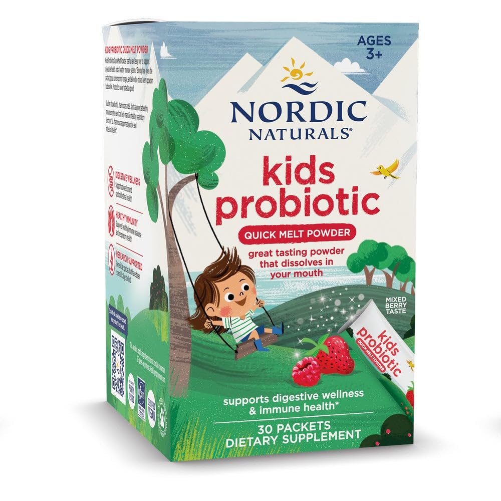 Nordic Naturals Kids Probiotic Quick Melt Powder, Mixed Berry - 30 Packets - 3 Billion CFU - Digestive Wellness, Immune Support - Non-GMO, Vegan - 30 Servings - dailyvitalstore