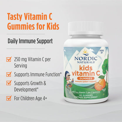 Nordic Naturals Kids Vitamin C Gummies - Tangy Tangerine - 60 Gummies - Vegan Vitamin C Supplement - Children’s Immunity and Antioxidant Support - 250 mg per Serving - 30 Servings - dailyvitalstore
