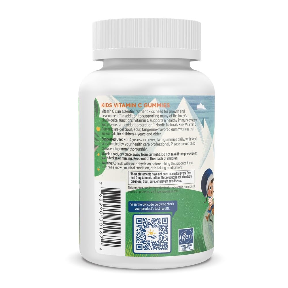 Nordic Naturals Kids Vitamin C Gummies - Tangy Tangerine - 60 Gummies - Vegan Vitamin C Supplement - Children’s Immunity and Antioxidant Support - 250 mg per Serving - 30 Servings - dailyvitalstore