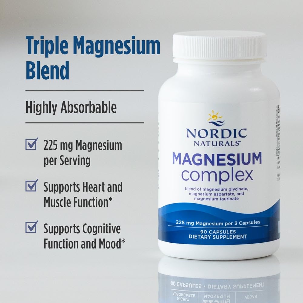 Nordic Naturals Magnesium Complex - 90 Capsules - 225 mg Magnesium, 1.9 mg Iron - Brain & Heart Health, Mood, Energy, & Muscle Relaxation - Non-GMO, Vegan - 30 Servings - dailyvitalstore