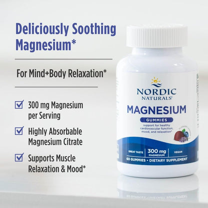 Nordic Naturals Magnesium Gummies for Adults, Blueberry Lavender Flavor - 60 Gummies - Vegan Magnesium Supplement for Mind, Mood, and Cardiovascular Support - Non-GMO - 20 Servings - dailyvitalstore