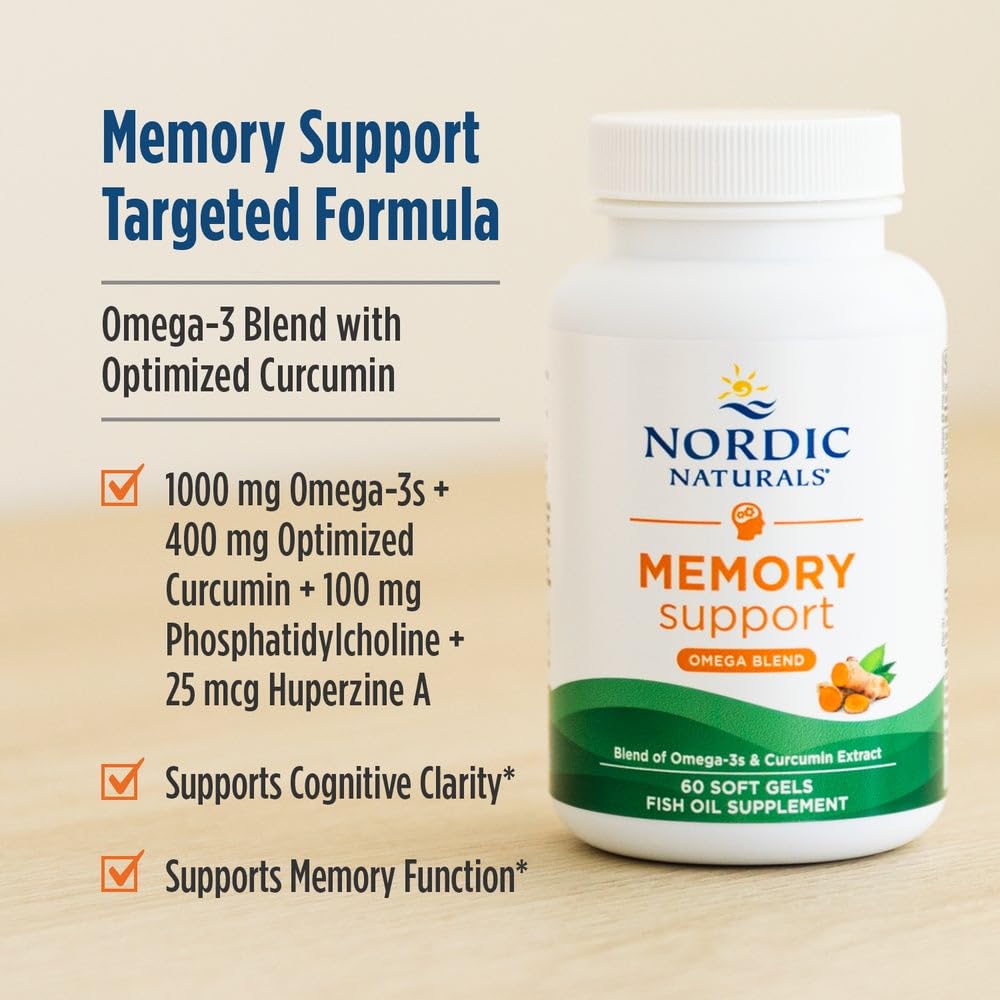 Nordic Naturals Memory Support with Curcumin - 60 Soft Gels - 1000 mg Omega-3 + 400 mg Optimized Curcumin - Memory, Cognition - Contains Phosphatidylcholine & Huperzine A - Non-GMO - 30 Servings - dailyvitalstore