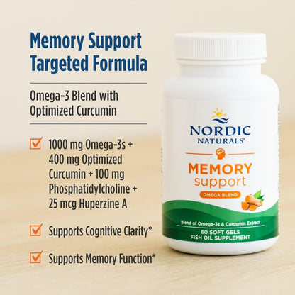 Nordic Naturals Memory Support with Curcumin - 60 Soft Gels - 1000 mg Omega-3 + 400 mg Optimized Curcumin - Memory, Cognition - Contains Phosphatidylcholine & Huperzine A - Non-GMO - 30 Servings - dailyvitalstore
