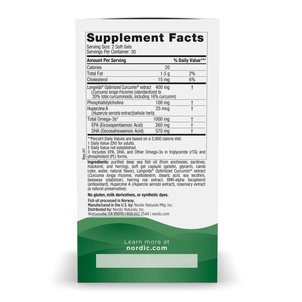 Nordic Naturals Memory Support with Curcumin - 60 Soft Gels - 1000 mg Omega-3 + 400 mg Optimized Curcumin - Memory, Cognition - Contains Phosphatidylcholine & Huperzine A - Non-GMO - 30 Servings - dailyvitalstore