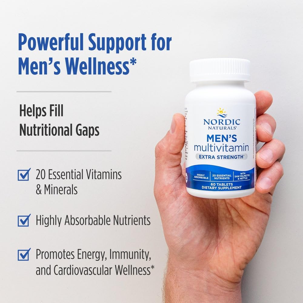 Nordic Naturals Men’s Multivitamin Extra Strength - Bone, Energy, & Blood-Vessel Support - Immunity Supplement - 20 Essential Nutrients - 60 Tablets - 30 Servings - dailyvitalstore