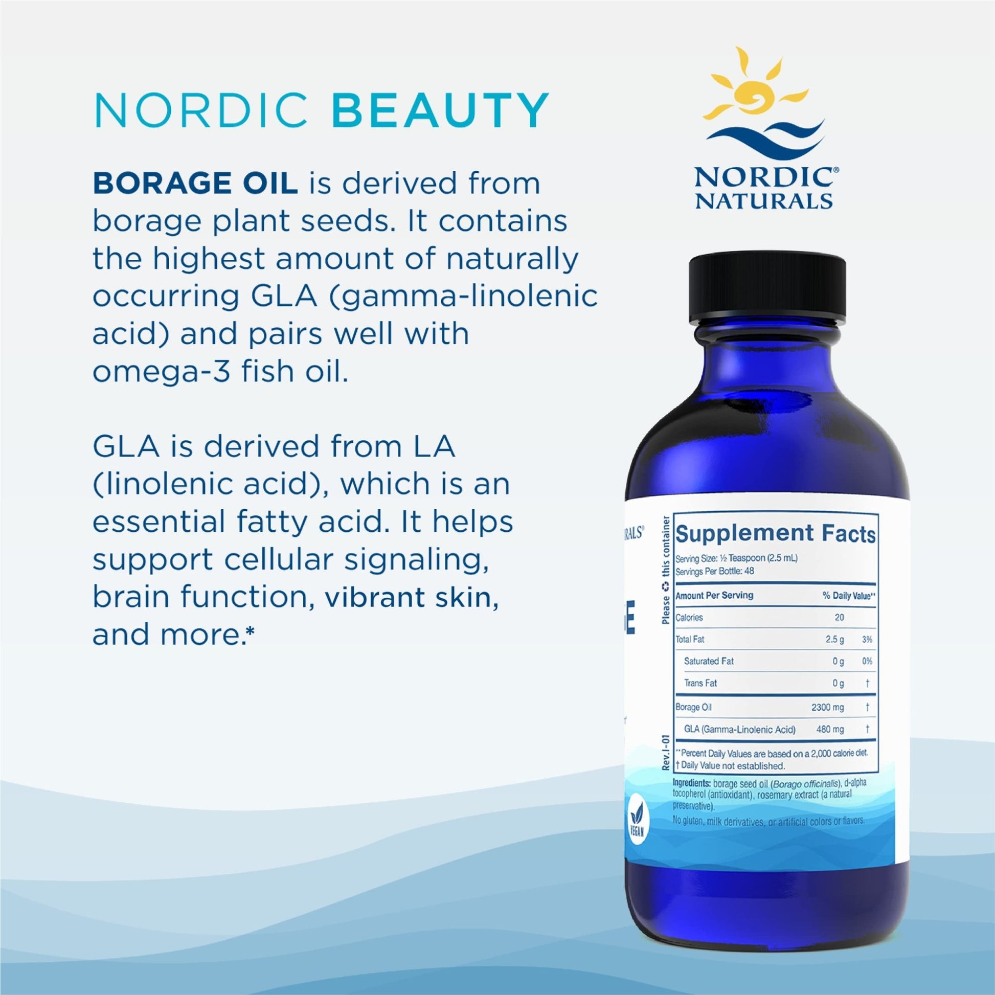 Nordic Naturals Nordic Beauty Borage Oil, Unflavored - 4 Ounces - Borage Seed Oil, Unique Omega-6 for Healthy and Hydrated Skin, 480 Milligrams of GLA - Non-GMO - Vegan, 48 Servings - dailyvitalstore