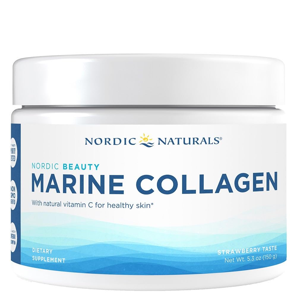 Nordic Naturals Nordic Beauty Marine Collagen Powder, Strawberry - 5.29 Ounces - Collagen Powder Supplement for Healthy Skin, Joints, and Bones, Vitamin C for Antioxidant Support - 30 Servings - dailyvitalstore
