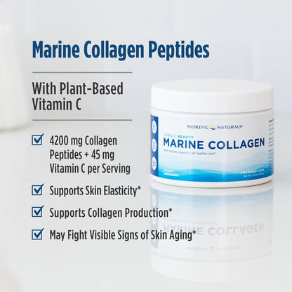 Nordic Naturals Nordic Beauty Marine Collagen Powder, Strawberry - 5.29 Ounces - Collagen Powder Supplement for Healthy Skin, Joints, and Bones, Vitamin C for Antioxidant Support - 30 Servings - dailyvitalstore