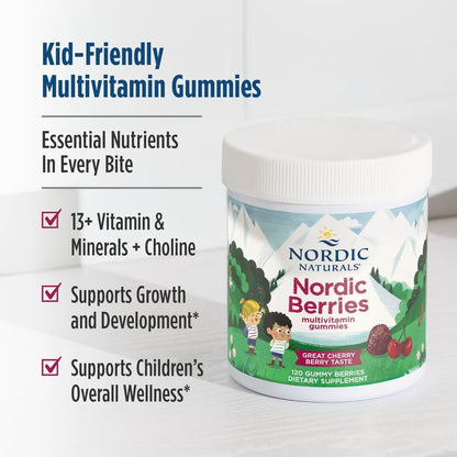 Nordic Naturals Nordic Berries, Cherry Berry - 120 Gummy Berries - Great-Tasting Multivitamin for Ages 2+ - Growth, Development, Optimal Wellness - Non-GMO, Vegetarian - 30 Servings - dailyvitalstore