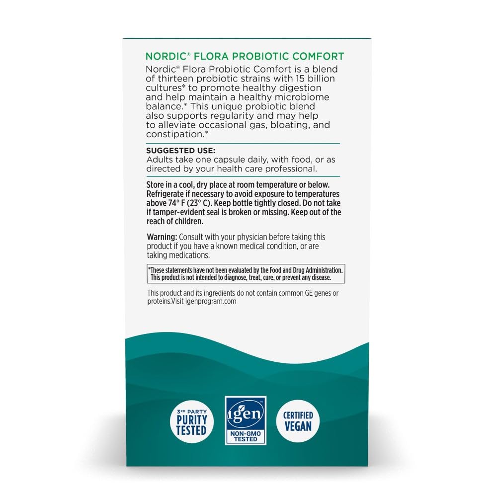 Nordic Naturals Nordic Flora Probiotic Comfort - 30 Capsules - 13 Probiotic Strains w/ 15 Billion Cultures - Supports Regularity & Digestive Comfort, Alleviates Bloating - dailyvitalstore