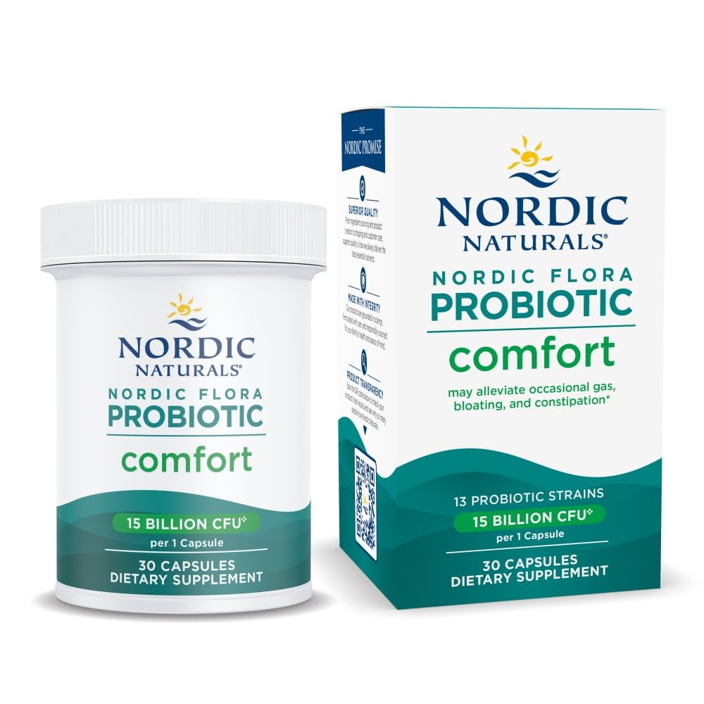 Nordic Naturals Nordic Flora Probiotic Comfort - 30 Capsules - 13 Probiotic Strains w/ 15 Billion Cultures - Supports Regularity & Digestive Comfort, Alleviates Bloating - dailyvitalstore