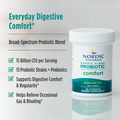 Nordic Naturals Nordic Flora Probiotic Comfort - 30 Capsules - 13 Probiotic Strains w/ 15 Billion Cultures - Supports Regularity & Digestive Comfort, Alleviates Bloating - dailyvitalstore