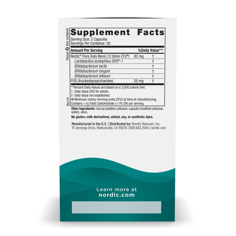 Nordic Naturals Nordic Flora Probiotic Daily - 60 Capsules - 4 Probiotic Strains with 12 Billion Cultures - Optimal Wellness, Immune Support, Digestive Health - Non-GMO, Vegan - 30 Servings - dailyvitalstore