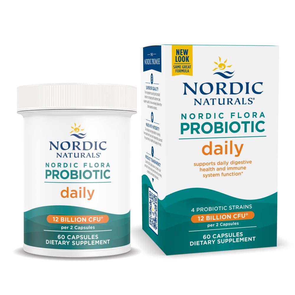 Nordic Naturals Nordic Flora Probiotic Daily - 60 Capsules - 4 Probiotic Strains with 12 Billion Cultures - Optimal Wellness, Immune Support, Digestive Health - Non-GMO, Vegan - 30 Servings - dailyvitalstore