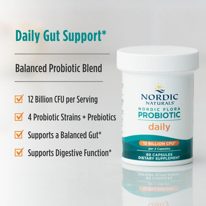 Nordic Naturals Nordic Flora Probiotic Daily - 60 Capsules - 4 Probiotic Strains with 12 Billion Cultures - Optimal Wellness, Immune Support, Digestive Health - Non-GMO, Vegan - 30 Servings - dailyvitalstore