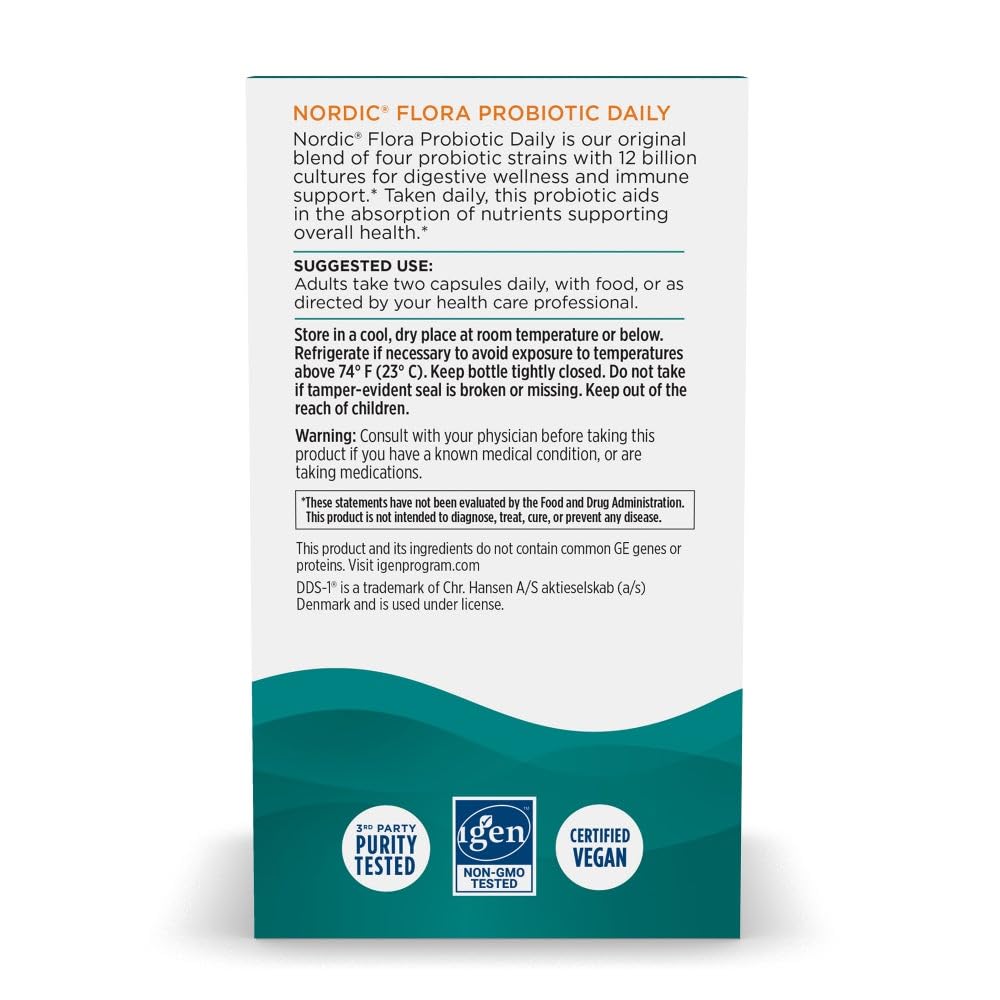 Nordic Naturals Nordic Flora Probiotic Daily - 60 Capsules - 4 Probiotic Strains with 12 Billion Cultures - Optimal Wellness, Immune Support, Digestive Health - Non-GMO, Vegan - 30 Servings - dailyvitalstore
