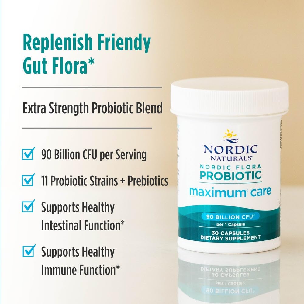 Nordic Naturals Nordic Flora Probiotic Maximum Care, 30 Capsules, 11 Probiotic Strains for Daily Immune and Digestive Health Support, Vegan, 30 Servings - dailyvitalstore