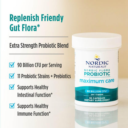 Nordic Naturals Nordic Flora Probiotic Maximum Care, 30 Capsules, 11 Probiotic Strains for Daily Immune and Digestive Health Support, Vegan, 30 Servings - dailyvitalstore