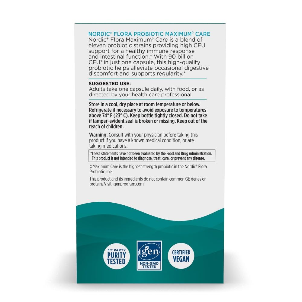 Nordic Naturals Nordic Flora Probiotic Maximum Care, 30 Capsules, 11 Probiotic Strains for Daily Immune and Digestive Health Support, Vegan, 30 Servings - dailyvitalstore