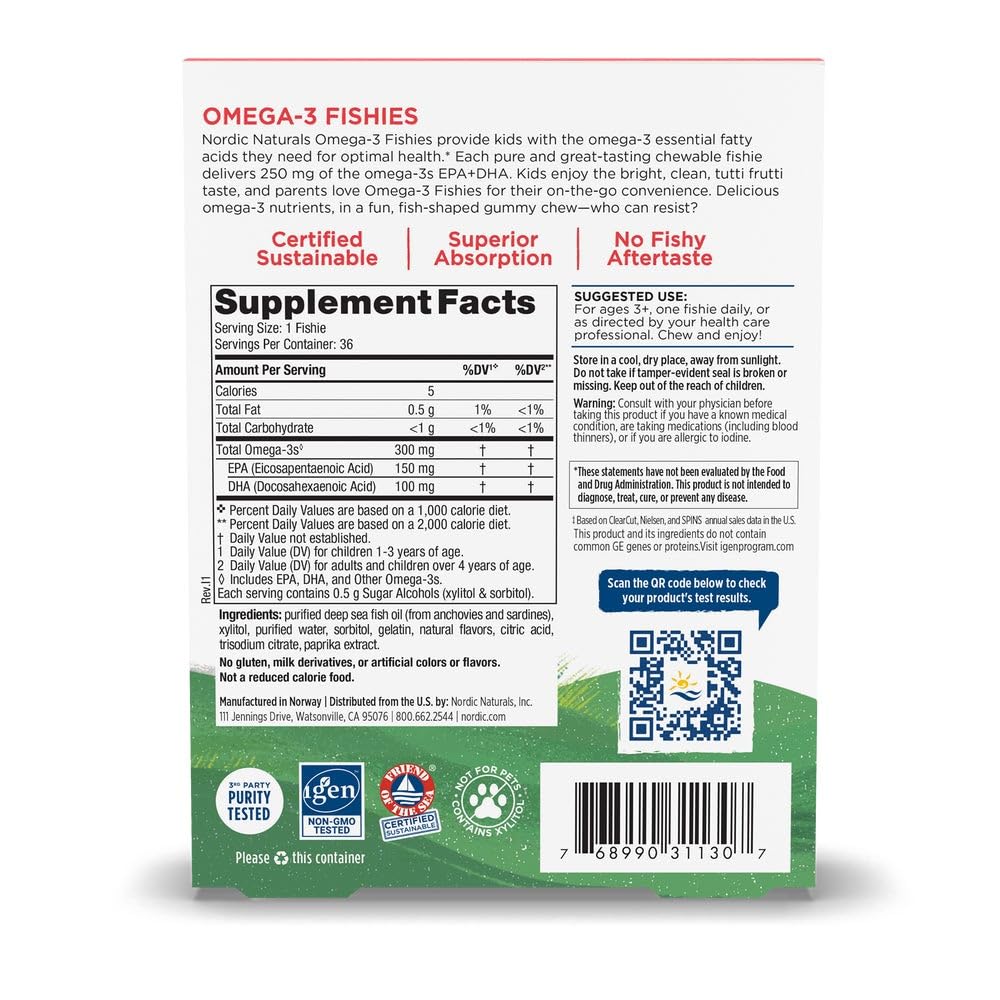 Nordic Naturals Nordic Omega-3 Fishies, Tutti Frutti - 36 Fishies - 300 mg Total Omega-3s with EPA & DHA - Healthy Brain, Mood, Vision & Immune System - Non-GMO - 36 Servings - dailyvitalstore