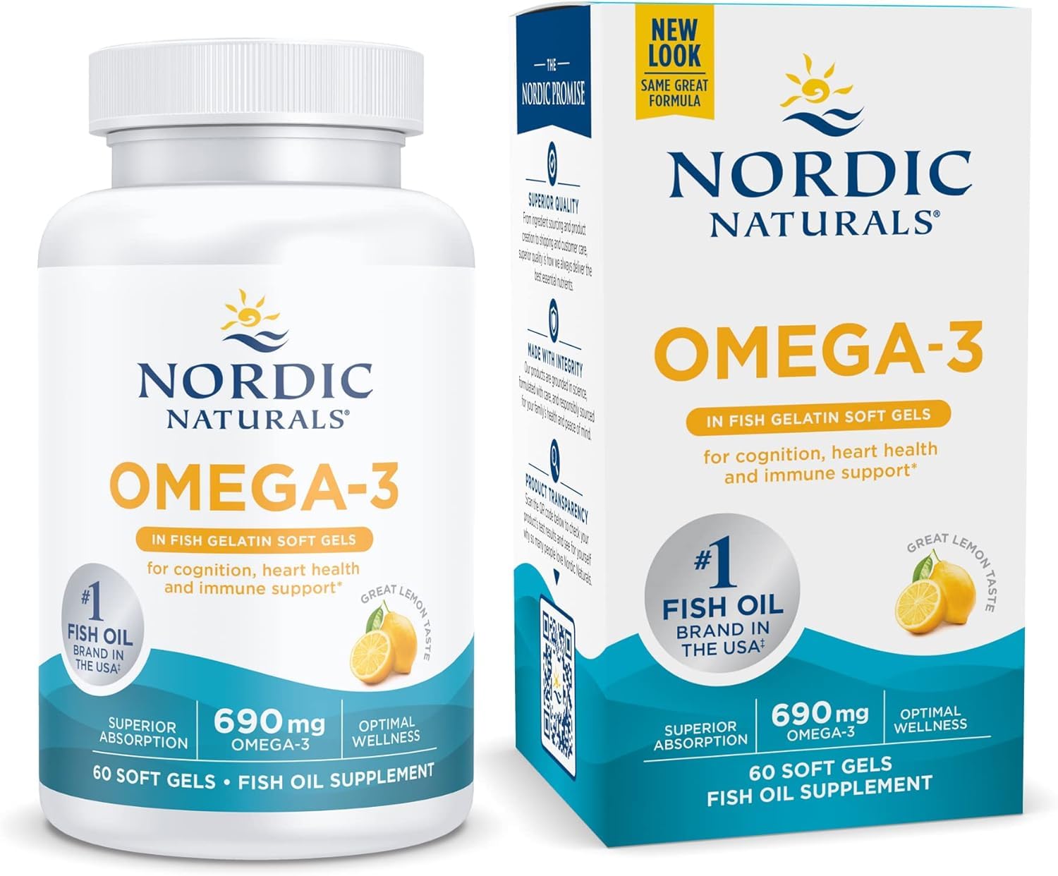 Nordic Naturals Omega-3 in Fish Gelatin, Lemon Flavor - 60 Fish Gels - 690 mg Omega-3 - Fish Oil - EPA & DHA - Immune Support, Brain & Heart Health, Optimal Wellness - Non-GMO - 30 Servings - dailyvitalstore