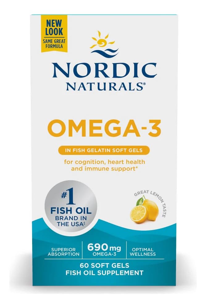Nordic Naturals Omega-3 in Fish Gelatin, Lemon Flavor - 60 Fish Gels - 690 mg Omega-3 - Fish Oil - EPA & DHA - Immune Support, Brain & Heart Health, Optimal Wellness - Non-GMO - 30 Servings - dailyvitalstore