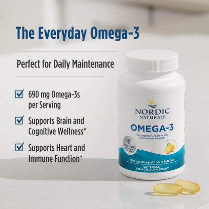Nordic Naturals Omega-3, Lemon Flavor - 120 Soft Gels - 690 mg Omega-3 - Fish Oil - EPA & DHA - Immune Support, Brain & Heart Health, Optimal Wellness - Non-GMO - 60 Servings - dailyvitalstore