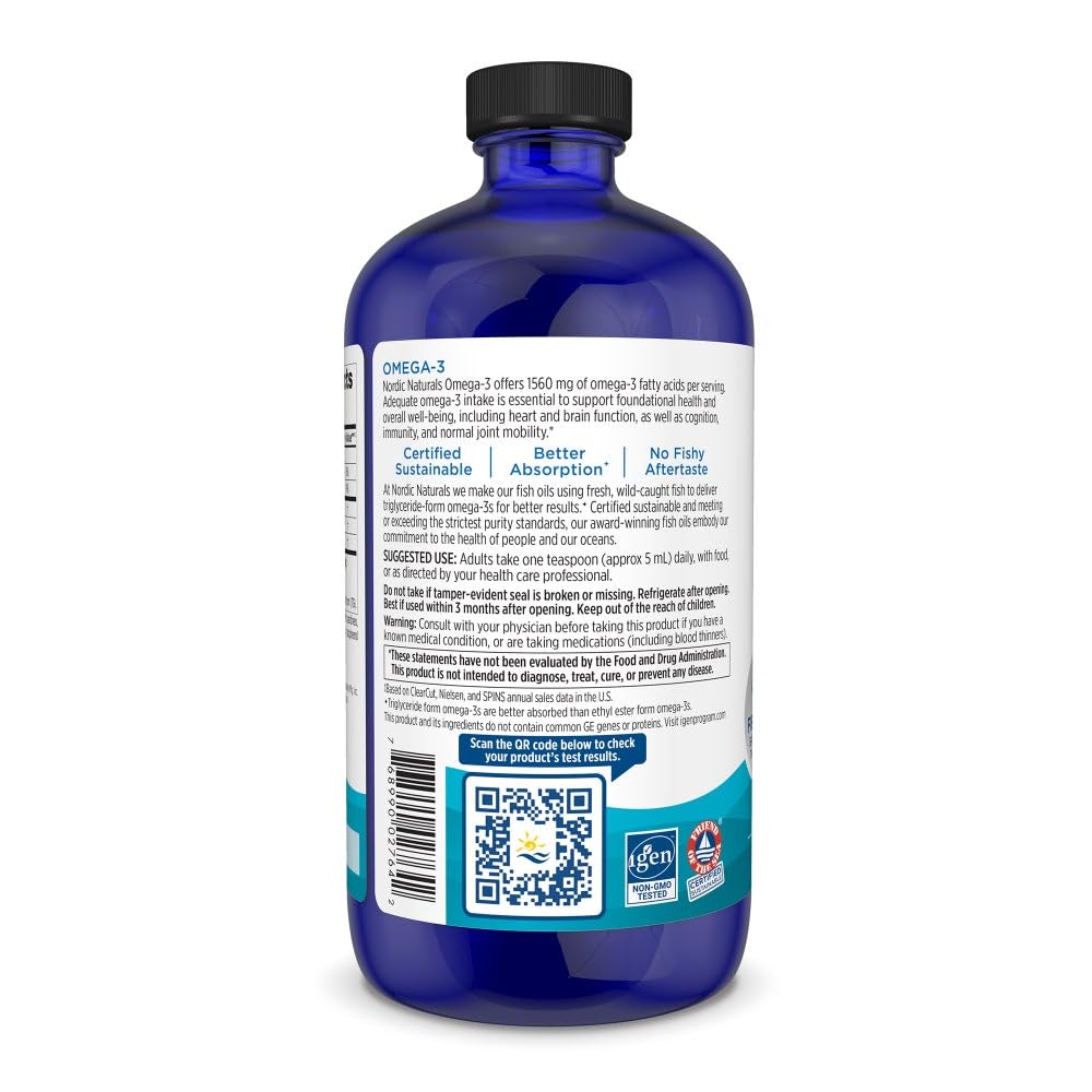 Nordic Naturals Omega-3, Lemon Flavor - 16 oz - 1560 mg Omega-3 - Fish Oil - EPA & DHA - Immune Support, Brain & Heart Health, Optimal Wellness - Non-GMO - 96 Servings - dailyvitalstore