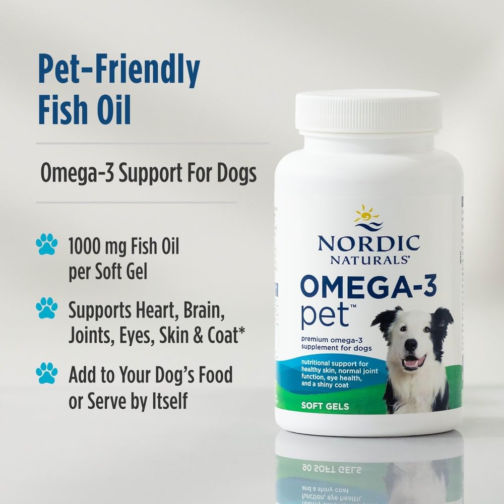Nordic Naturals Omega-3 Pet, Unflavored - 180 Soft Gels - 320 mg Omega-3 Per Soft Gel - Fish Oil for Dogs with EPA & DHA - Promotes Heart, Skin, Coat, & Immune Health - dailyvitalstore