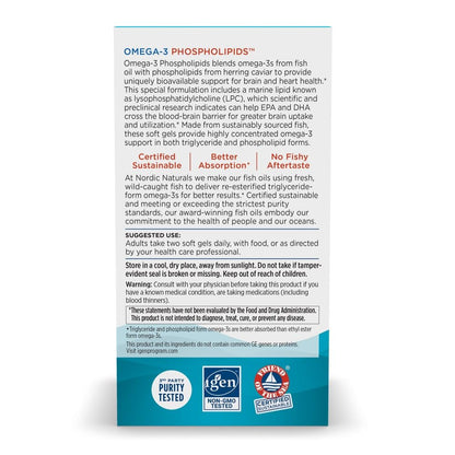 Nordic Naturals Omega-3 Phospholipids, Unflavored - 60 Soft Gels - 500 mg Omega-3 & 350 mg Phospholipids - Heart & Brain Health - Small, Easy-to-Swallow Soft Gels - Non-GMO - 30 Servings - dailyvitalstore