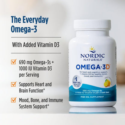 Nordic Naturals Omega-3D, Lemon Flavor - 120 Soft Gels - 690 mg Omega-3 + 1000 IU Vitamin D3 - Fish Oil - EPA & DHA - Immune Support, Brain & Heart Health, Healthy Bones - Non-GMO - 60 Servings - dailyvitalstore