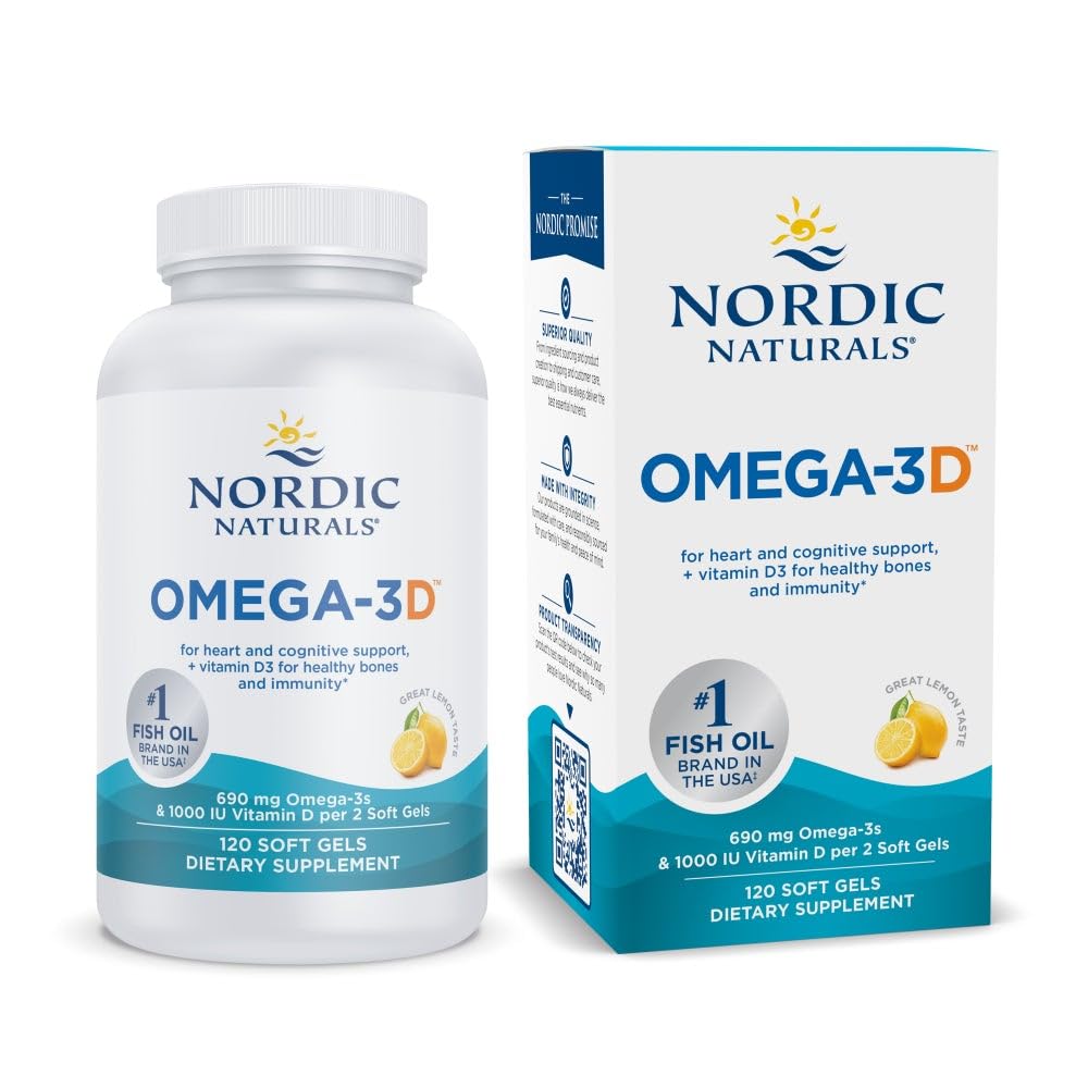 Nordic Naturals Omega-3D, Lemon Flavor - 120 Soft Gels - 690 mg Omega-3 + 1000 IU Vitamin D3 - Fish Oil - EPA & DHA - Immune Support, Brain & Heart Health, Healthy Bones - Non-GMO - 60 Servings - dailyvitalstore