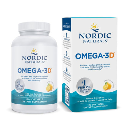 Nordic Naturals Omega-3D, Lemon Flavor - 120 Soft Gels - 690 mg Omega-3 + 1000 IU Vitamin D3 - Fish Oil - EPA & DHA - Immune Support, Brain & Heart Health, Healthy Bones - Non-GMO - 60 Servings - dailyvitalstore