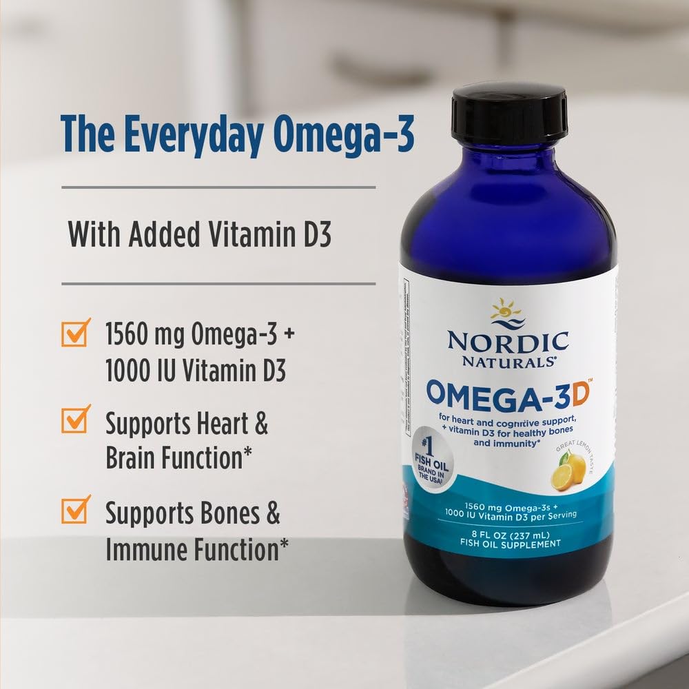 Nordic Naturals Omega-3D, Lemon Flavor - 8 oz - 1560 mg Omega-3 + 1000 IU Vitamin D3 - Fish Oil - EPA & DHA - Immune Support, Brain & Heart Health, Healthy Bones - Non-GMO - 48 Servings - dailyvitalstore
