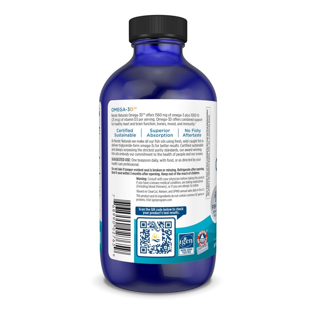 Nordic Naturals Omega-3D, Lemon Flavor - 8 oz - 1560 mg Omega-3 + 1000 IU Vitamin D3 - Fish Oil - EPA & DHA - Immune Support, Brain & Heart Health, Healthy Bones - Non-GMO - 48 Servings - dailyvitalstore