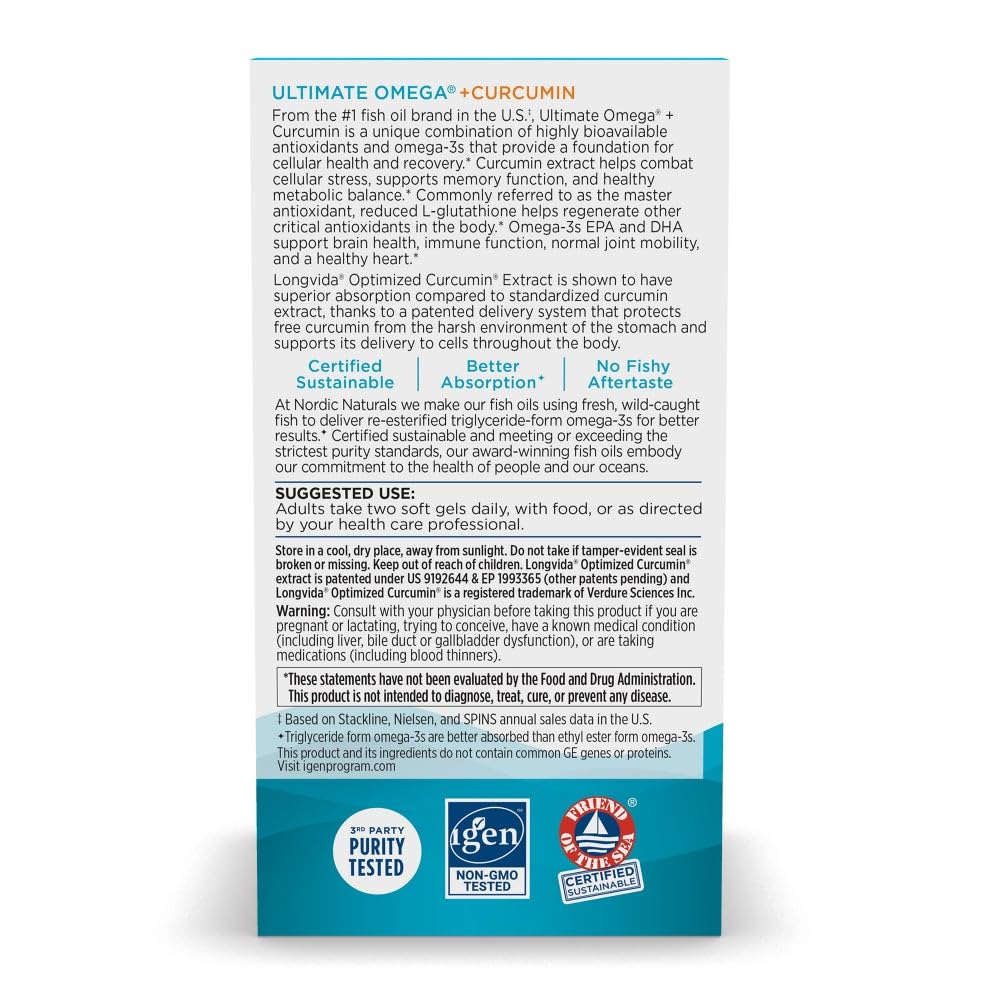 Nordic Naturals Omega Curcumin, Lemon - 60 Soft Gels - 1200 mg Omega-3 + 400 mg Optimized Curcumin - Combats Cellular Stress - Non-GMO - 30 Servings - dailyvitalstore