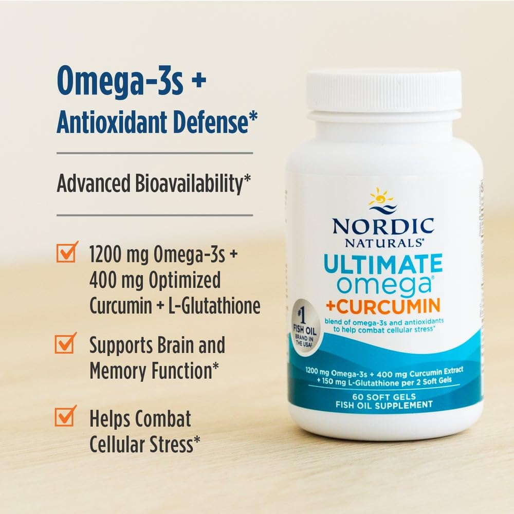 Nordic Naturals Omega Curcumin, Lemon - 60 Soft Gels - 1200 mg Omega-3 + 400 mg Optimized Curcumin - Combats Cellular Stress - Non-GMO - 30 Servings - dailyvitalstore