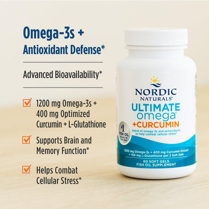 Nordic Naturals Omega Curcumin, Lemon - 60 Soft Gels - 1200 mg Omega-3 + 400 mg Optimized Curcumin - Combats Cellular Stress - Non-GMO - 30 Servings - dailyvitalstore