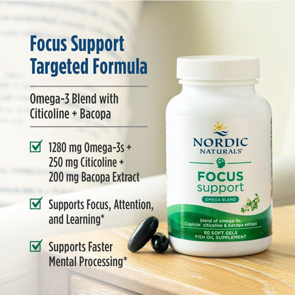 Nordic Naturals Omega Focus, Lemon - 60 Soft Gels - 1280 mg Omega-3 + Citicoline & Bacopa Monnieri Extract - Focus, Attention, Memory, Brain Health - Non-GMO - 30 Servings - dailyvitalstore